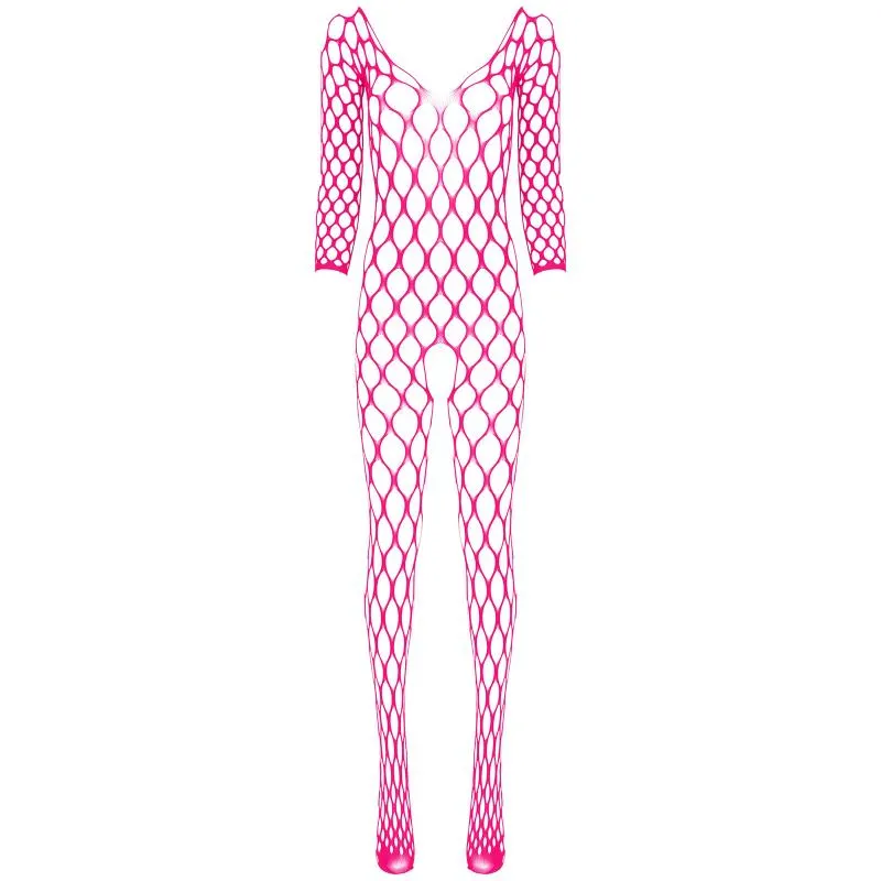 Womens V Neck Long Sleeve Crotchless Bodystocking Stretchy Fishnet Bodysuit Mesh Lingerie Nightwear Sleepwear