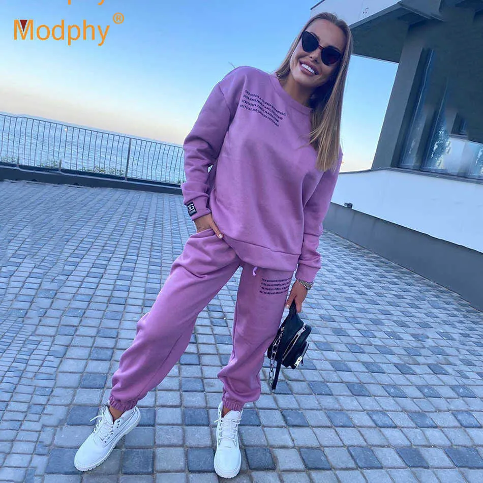 Brev Skriv ut Sportkläder Kvinnor Tvådelade Sats Sweatshirt Pullover Byxor Suit Kvinna Höst Vinter Casual Fashion 210527