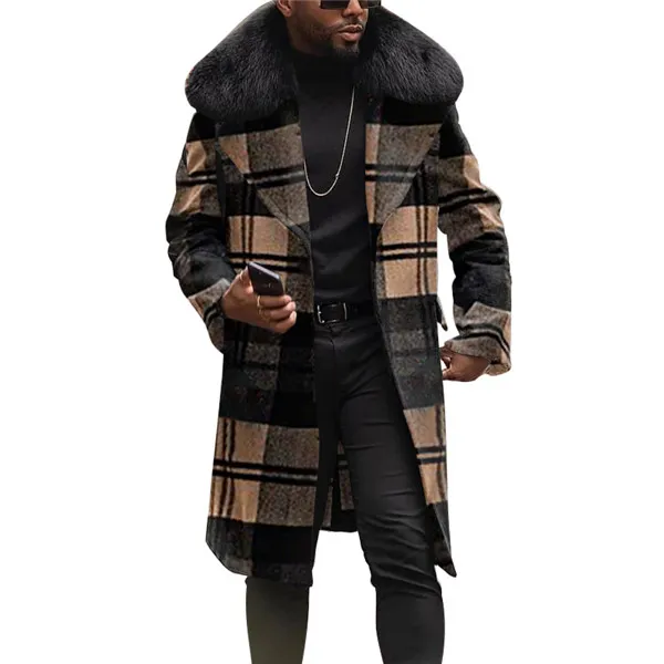 Mens Wool Blends Big Fur Collar Plaid Overcoats Mens Luxury Trench Coats For Men Check Woolen Long Jackets Fashionabla Street Size Streetwear