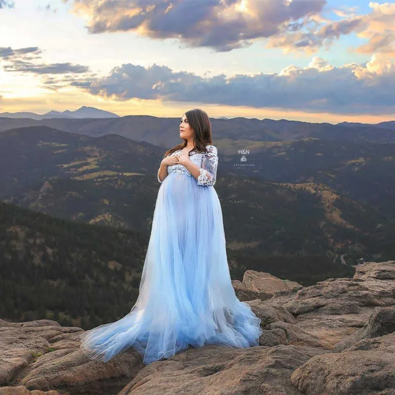 Vestidos de maternidad de tul de encaje de ganchillo para sesión de fotos vestido largo de mujeres embarazadas para fotografía vestido largo de fotografía de embarazo Q0713