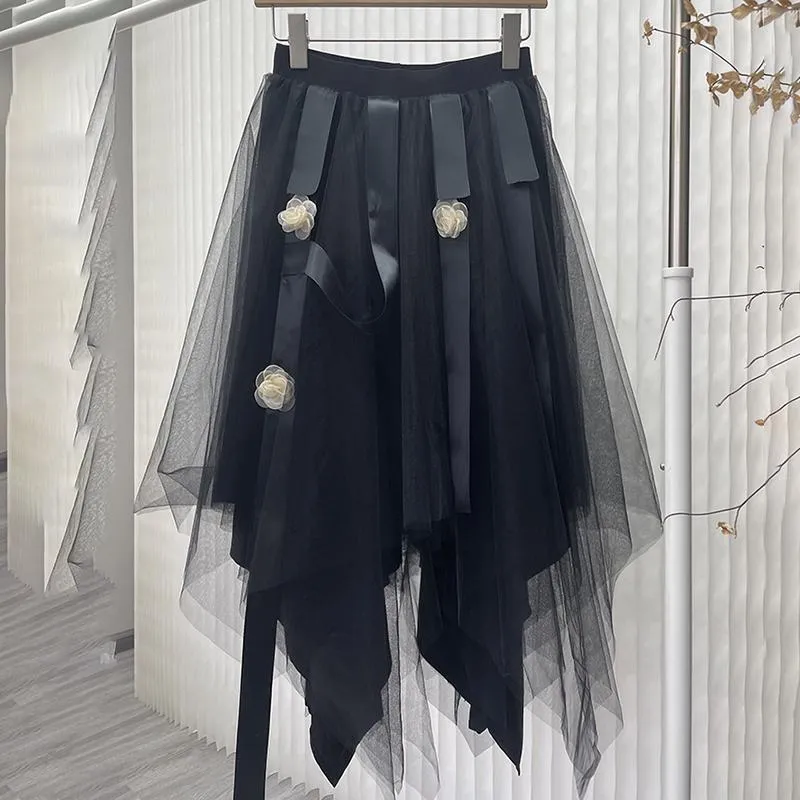 Rokken zcsmll 2021 vrouwen herfst effen kleur elastische taille zwarte gaas dames mode casual losse asymmetrische rok