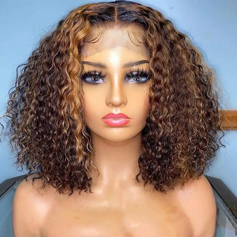 4/27 Highlight Curly Human Hair Lace Front Perücken 10 inchmbre Kinky Kurze Bob Perücke HD Glueless 360 Frontal Perücken