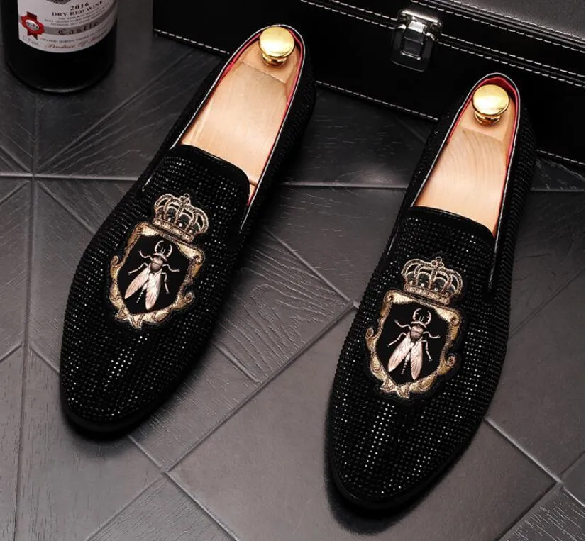 Fashion Men s Handmade Italian Gold Loafers with Velvet Rhinestone Embellishments