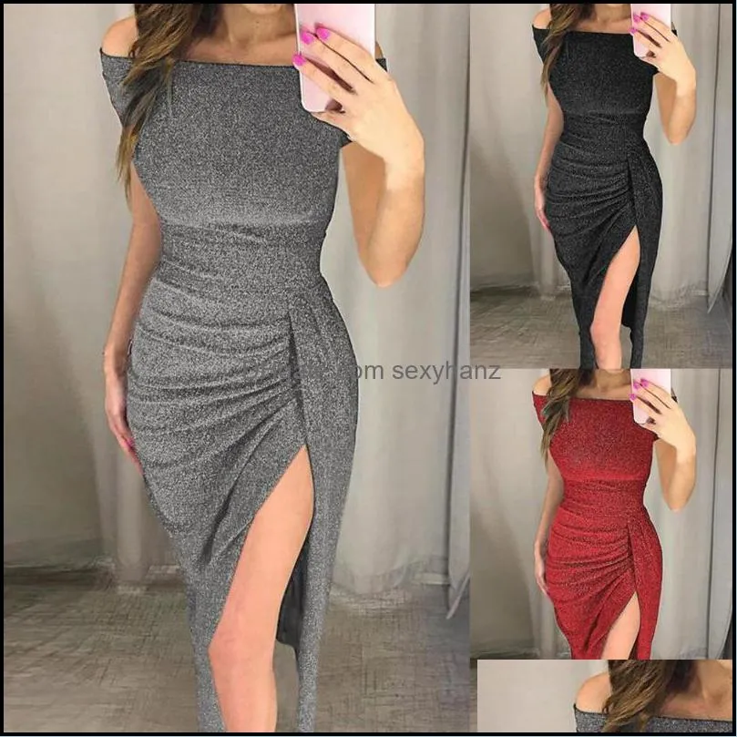 Casual Dresses Bodycon Dress Off Shoulder Shiny Spring Autumn Midi Slash Neck Strapless High Split Wedding Long Suit Club