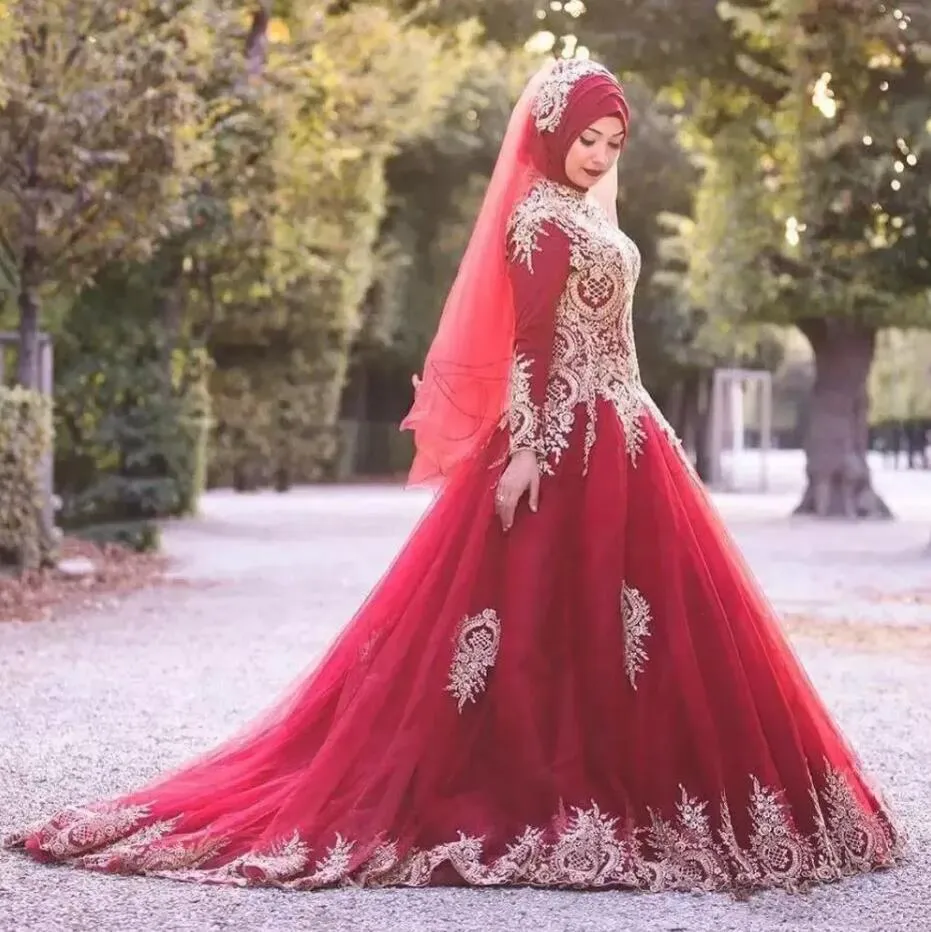 Старинные темно-красные и золотые мусульманские свадебные платья высокой шеи марокканского кафтана исламские длинные рукава аппликации кружева бальное платье садовые формальные платья свадебные платья Pro232