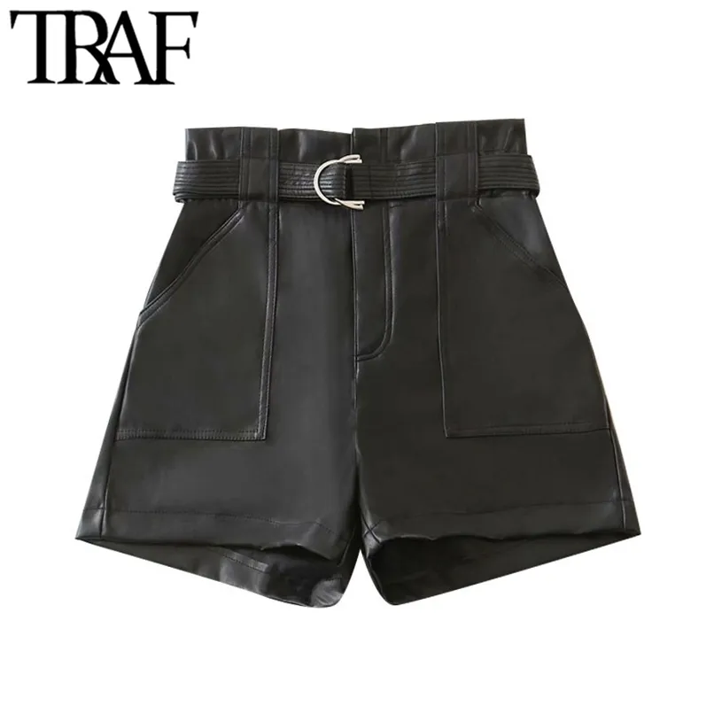 TRAF Dames Chique Mode Met Riem Faux Leren Shorts Vitnage Hoge Taille Rits Vliegenvakken Vrouwelijke Korte Broek Mujer 210724
