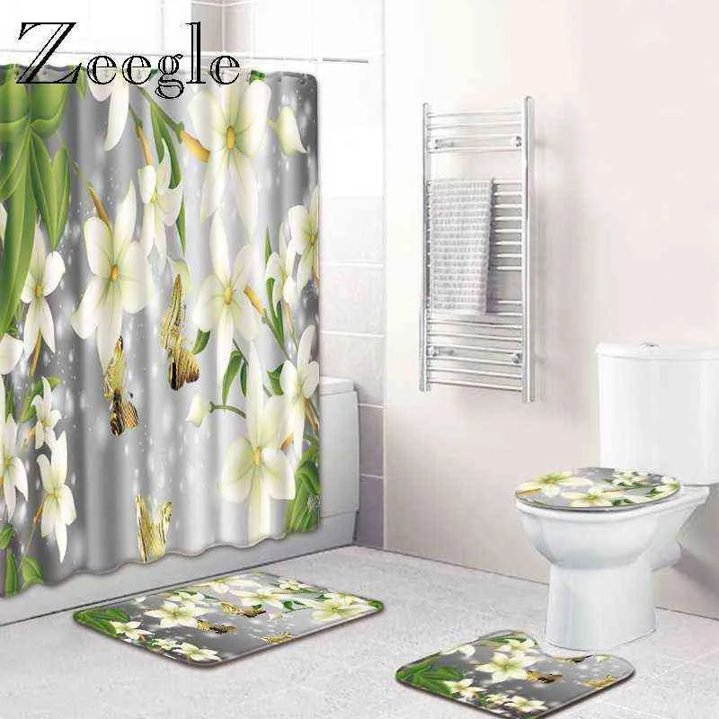 Zeegle Waterproof Shower Curtain with Hooks Bath Mat Set Absorbent Bathroom Cover Toilet Seat Mat Bathroom Floor Rugs