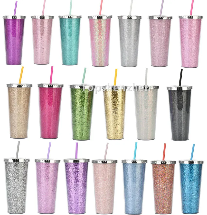 Разноцветные 24 oblitter Glitter Sippy Cup Tumbler с двойной стеной изолированной пластиковой спортивной бутылкой кружка с соломинкой настраиваемый DIY подарочные воды