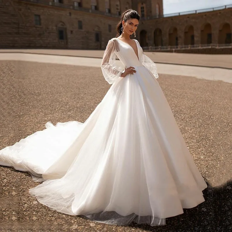 Vintage Satin Wedding Dress with Removable Long Sleeves and V-Neckline - Perfect for Beach Weddings in 2021