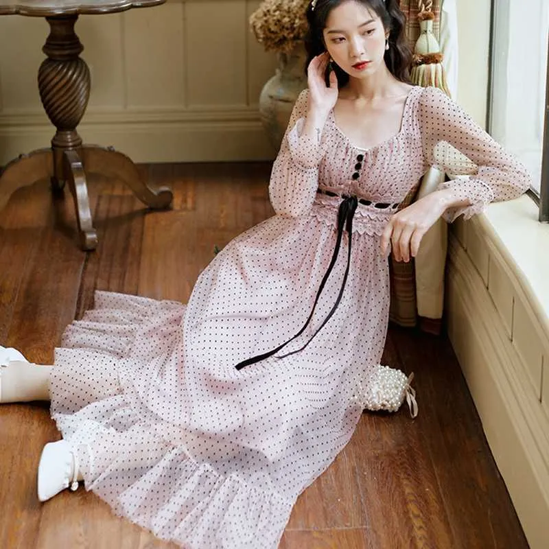 Francuski Vintage Midi Sukienka Kobiety Z Długim Rękawem Square Collor Office Elegancka Kobieta Spring Dot Koreański 210529