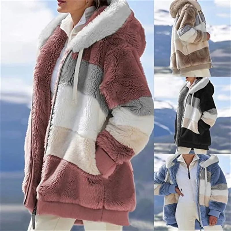 여성용 자켓 여성 따뜻한 후드 재킷 겨울 지퍼 캐주얼 패치 워크 느슨한 코트 패션 가짜 모피 파카 양털 Drawstring 플러스 사이즈