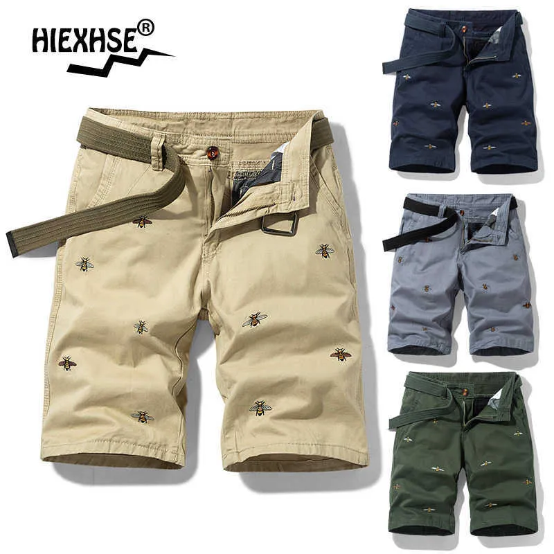 Été hommes couleur unie broderie motif Cargo Shorts coton plage décontracté Bermuda salopette poche décoration 210714