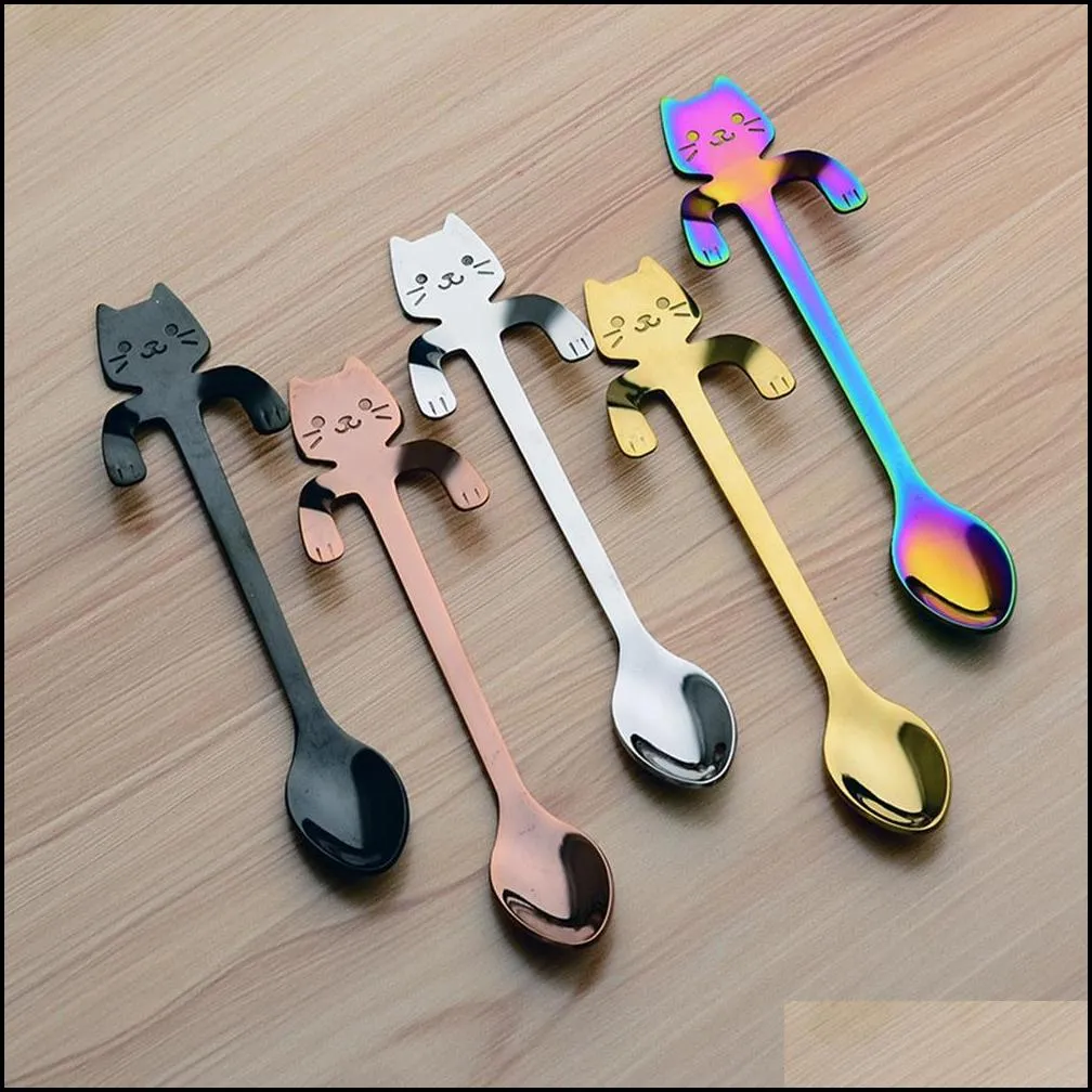 Spoons Flatware Kitchen Dining & Bar Home Garden 4Pcs Stainless Steel Mini Cat Kitten For Coffee Tea Dessert Drink Mixing Milkshake Spoon T