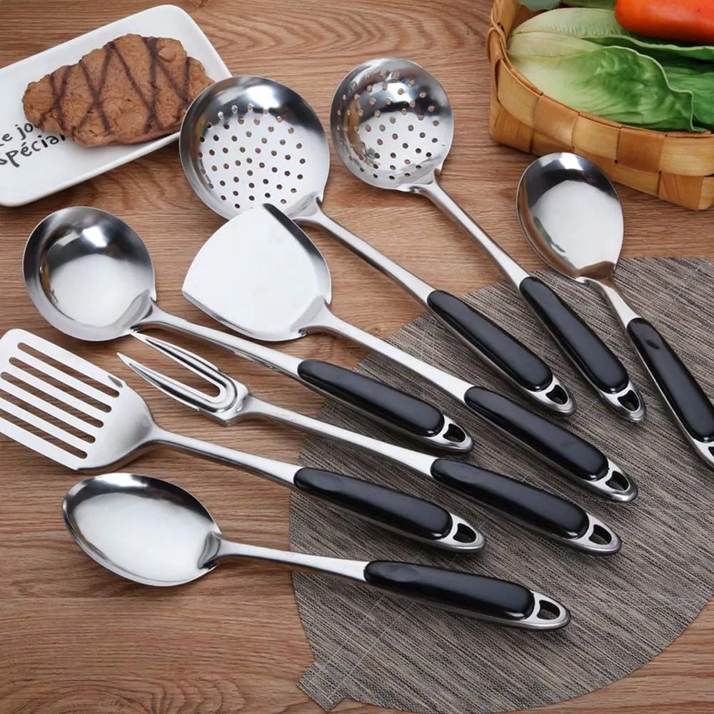 Wooden Handle Stainless Steel Cooking Tool Set with Frying Shovel, Soup ...