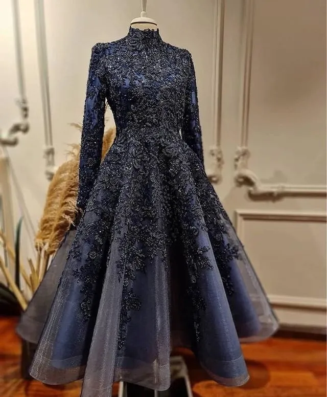 2022 Plus Tamanho Árabe ASO EBI Azul Azul Luxo Muçulmano Muslim Vestidos de Prom Lace Frisado Noite Formal Party Segundo Vestidos de Recepção Vestido ZJ345