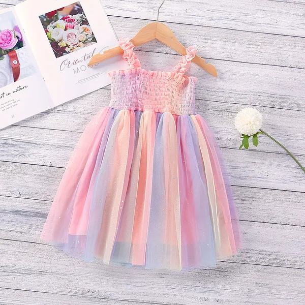 Gooporson Rainbow Colorfull Summer Kids Princess Dress Sequins Mesh Suspender Dress Toddler Girls Costume Party Vestidos Q0716