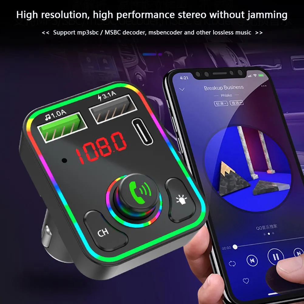 Araba Telefon Şarj Adaptörü F3 Evrensel Bluetooth Kablosuz Handsfree FM Verici Ses MP3 Müzik Çalar Çift USB PD 3.1A Renkli LED Arka Işık Ile Hızlı Şarj