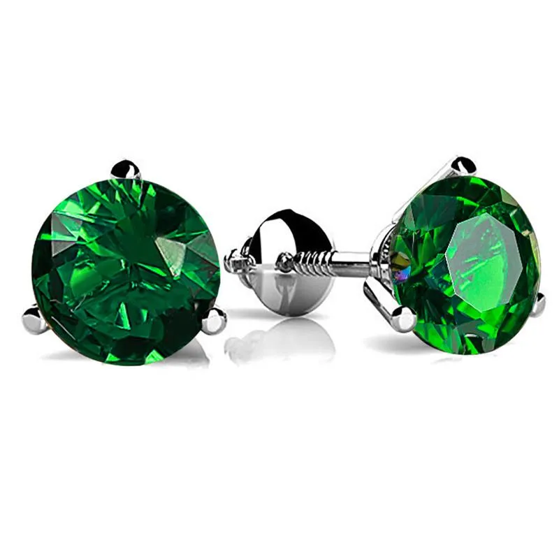 Stud clásico redondo Esmeralda tornillo trasero pendientes 925 plata esterlina cristal verde circón para mujer joyería regalos de boda