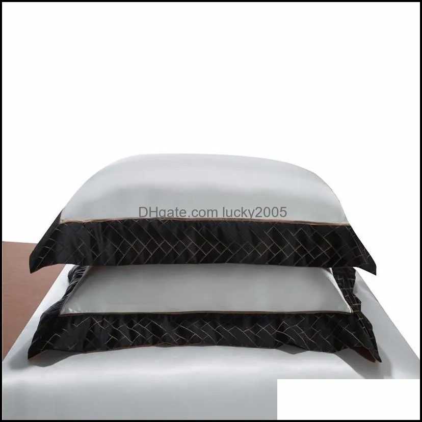 4Pcs White Grey 1000TC Luxury Silk Satin+Cotton Duvet Cover set Ultra Soft Egyptian Cotton Bed Sheet Pillowcases anti-wrinkle