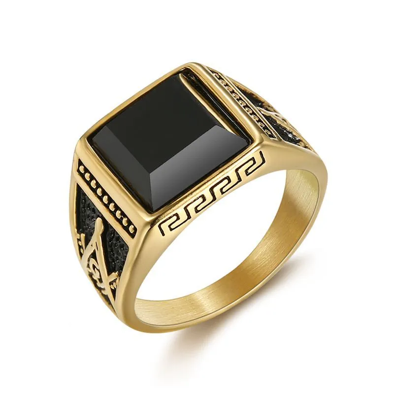 Rostfritt stål Mäns Solid Ringar Inlagda Svart Onyx Masonic FreeSonry Symbol Partihandel Masonic Objekt