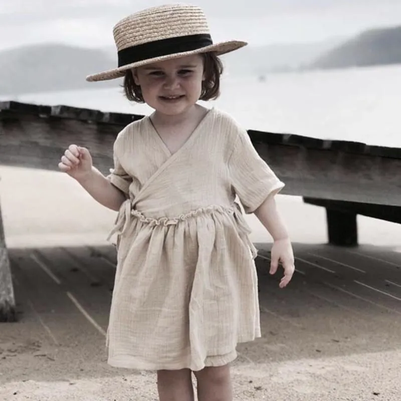 Япония Детская девочка платье льняная летняя одежда детские платья рубашки оборками принцесса малыша одежда хлопок 210429