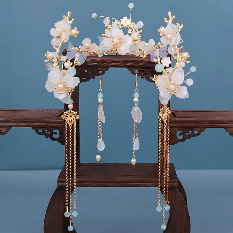 Pendientes, collar, tocado de pelo largo con flecos, conjunto con pendiente, diseño de flores, accesorios Hanfu de estilo chino tradicional hechos a mano EA