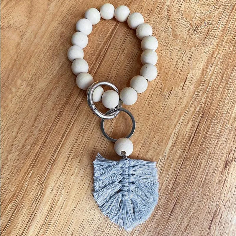 Party Wooden Bead Bracelet Keychain Pure Wood Color Car Chain Cotton Tassel Keyring with Alloy Ring Wood Beaded Decoration Pendant