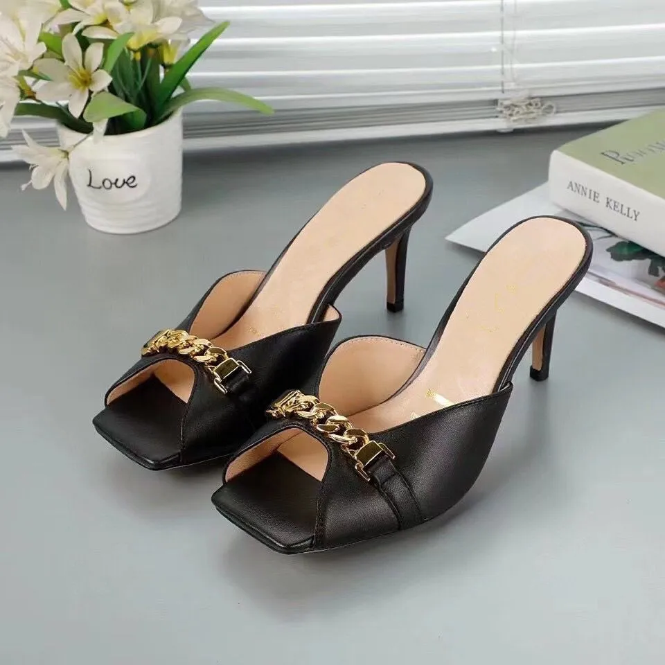2021 Newest Metal Chain European women sandals 7.5 cm high heel fashion slipper sizes 35-41 with full packing top quality