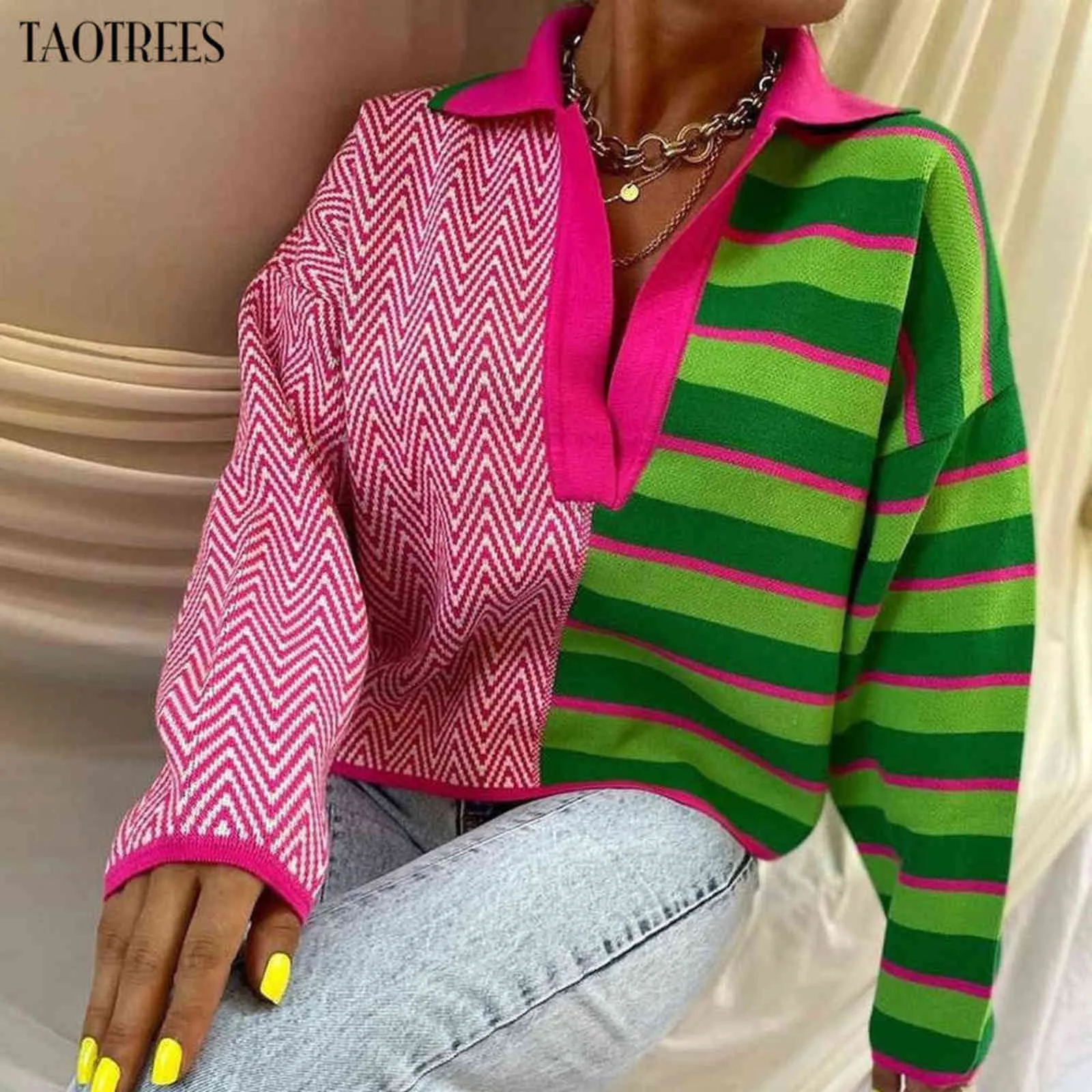 Taotrees femmes tricots tricoté à manches longues Colorblock pull rayé et vague motif revers pull pull 211109