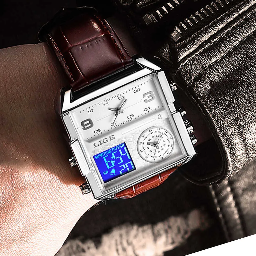 Lige Brand Men Sport Watches 3 часовой пояс Большой часы Мода Военные светодиодные часы Кожаные кварцевые наручные часы Relogio Masculino 210527