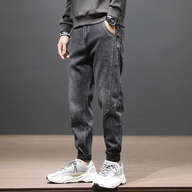 Mode Streetwear Männer Jeans Schwarz Grau Elastische Lose Fit Denim Harem Hosen Koreanischen Stil Hip Hop Breite Bein Kleine Hosen