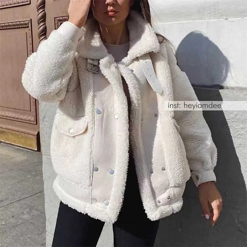 cappotto di pelliccia di agnello autunnale e invernale femminile versione coreana giacca da motociclista all-in-one in pelle scamosciata sciolta 211014