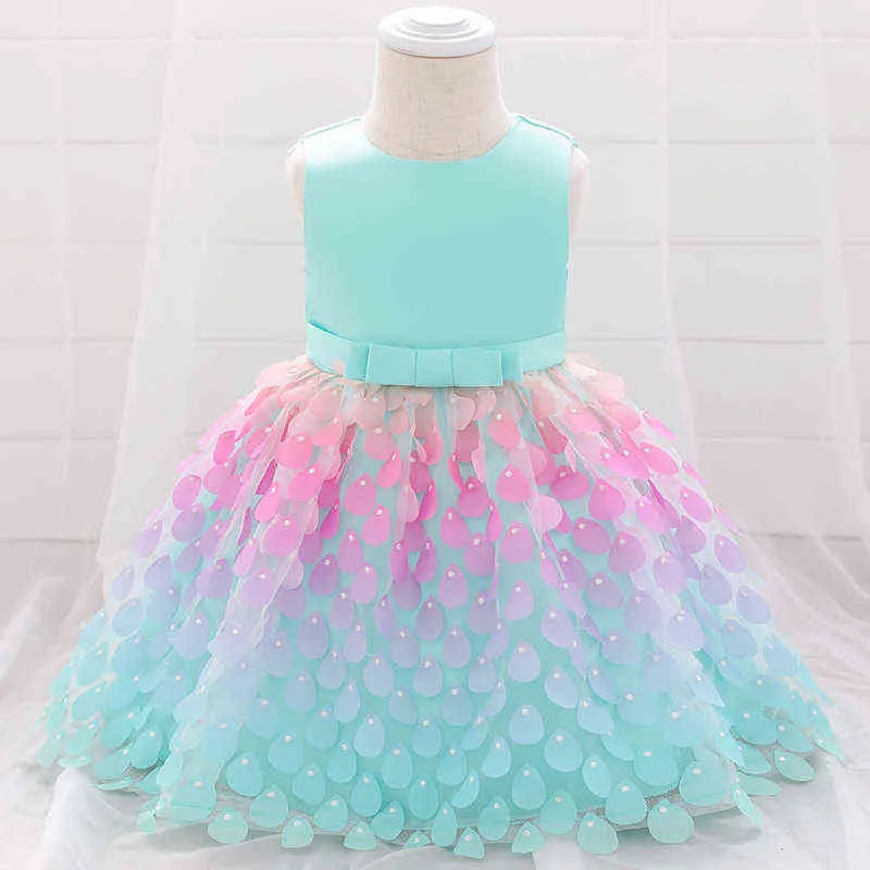 2021 Kleine Mermaid Kleding Baby Meisje Jurk Doop Jurk voor Meisje Kleding Zuigeling Kleurrijke Schalen Prinses Verjaardagen Jurken G1129