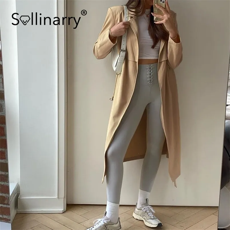 Sollinary Höst Long Winter Trench Coat Women Fashion Pocket High Split Windproof Kvinna Top Långärmad V-Neck Outwear 210914