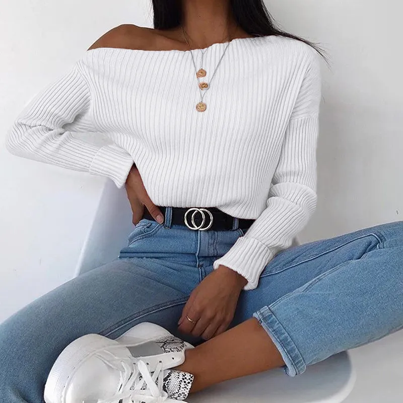 Oblique Collar Sexy Knitted Sweater Women Asymmetrical Pullovers One Shoulder Fashion Autumn Winter Sweaters Cropped