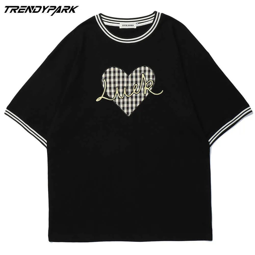 Men's T-shirt Summer Short Sleeve Checked Heart Printed Oversize Cotton Casual Harajuku Streetwear Top Tshirts Clothing 210601