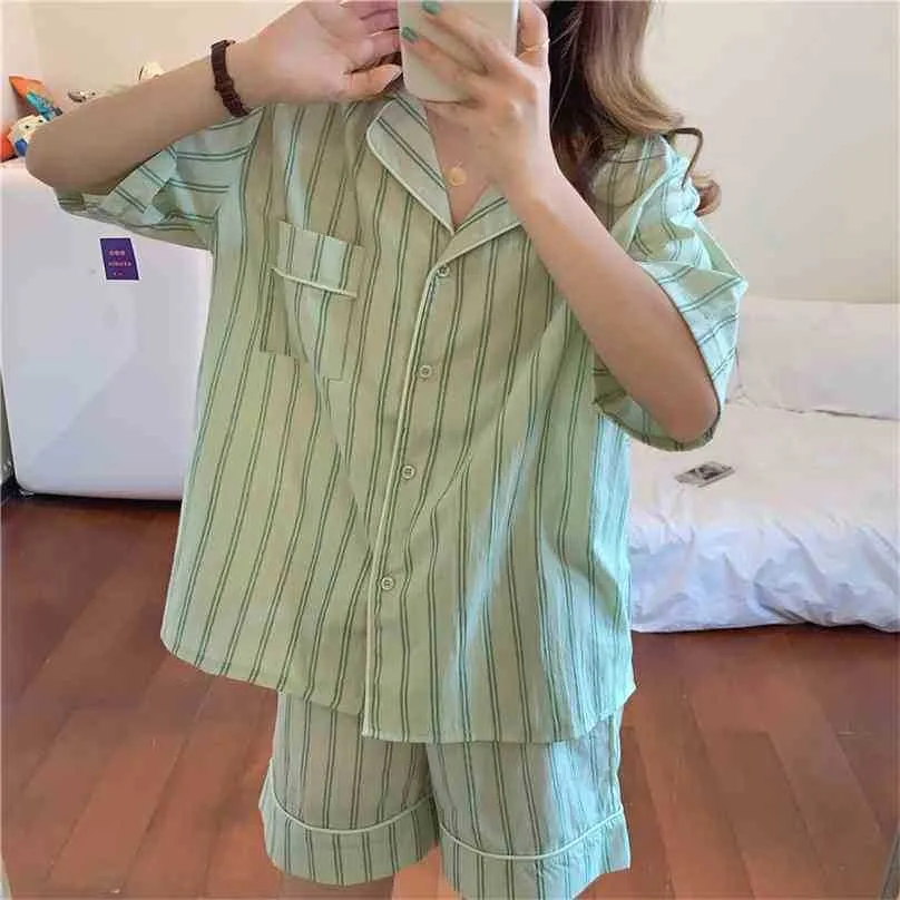 Casual Algodão Striped Breve Pijama Dois Pedaço Ternos Elegantes Sleepwear Mulheres Femme Home Chic Soltos Soltos 210525