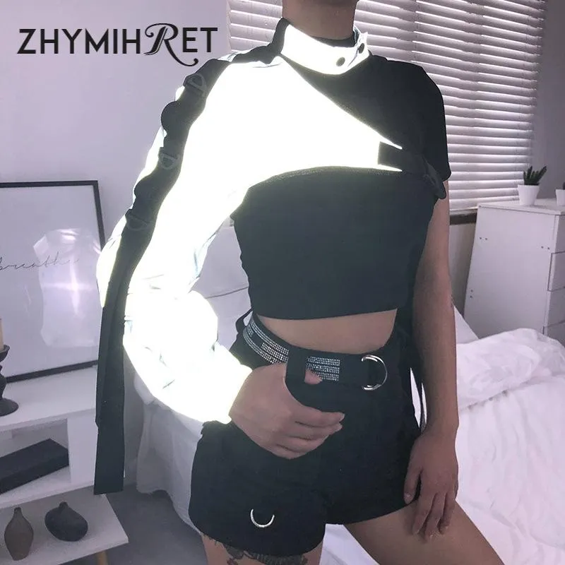 Women's T-Shirt ZHYMIHRET Reflective One Shoulder Halter T Shirt Women Bag Buckle 2021 Autumn Neon Crop Top Long Sleeve Tshirt Female Street