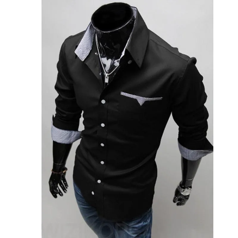 Koszulki męskie w stylu masy moda moda na guziki z długim rękawem Patchwork z kieszonkową formalną zwykłą top231h
