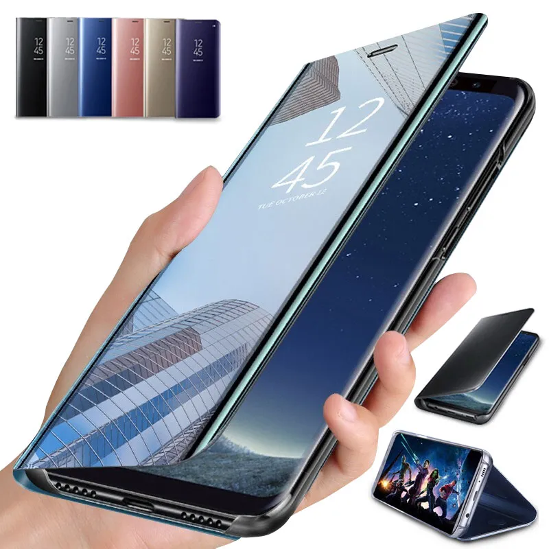 Étuis à rabat pour iPhone 12 Pro Max Samsung Note 20 8 S20 S9 Plus S10 Support de téléphone Galvanoplastie Couverture de miroir intelligente transparente