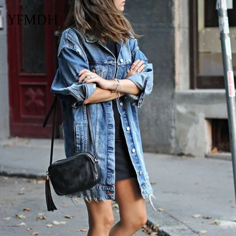 Women s Ripped Denim Jacket Long Sleeve Loose Jean Jacket for Spring Casual Denim Outerwear