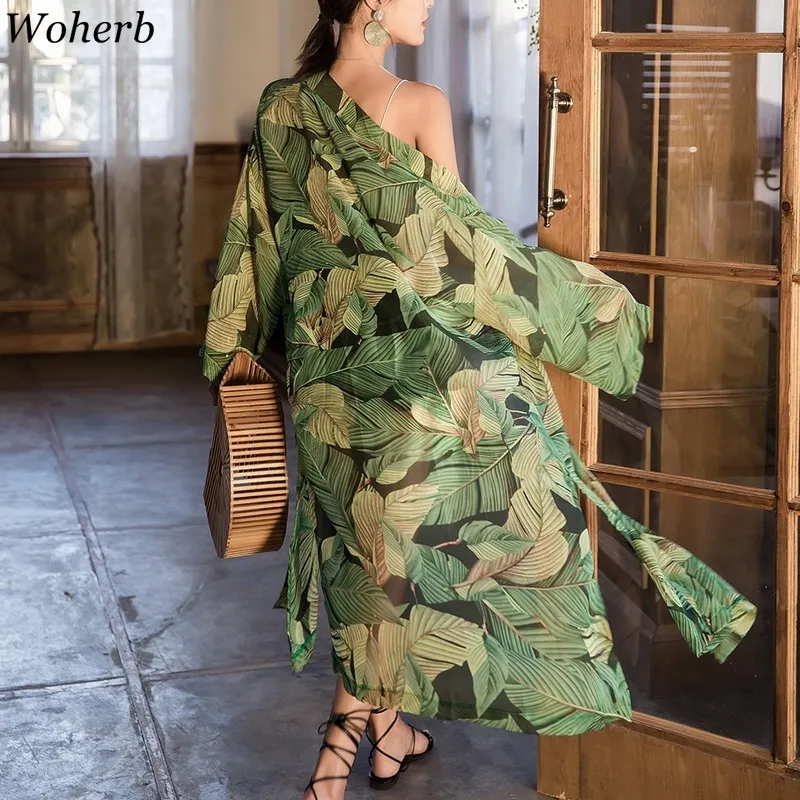 Woherb Verano 2021 Camisa de gasa bohemia Mujeres Protector solar Kimono Cardigan Perspectiva Blusa larga Hojas Impresión Ropa de playa 21753 210315