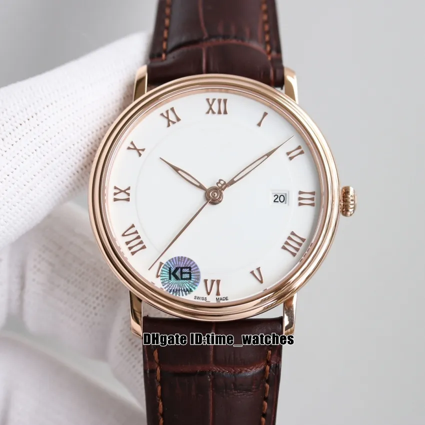 Nowy 40mm Villeret UltraPlate Watch 6651-3642-55B Miyota 9015 Automatyczny Zegarek Mens Rose Gold Case White Dial Roman Liczniki Gents Sport Zegarki Brown Skórzany Pasek