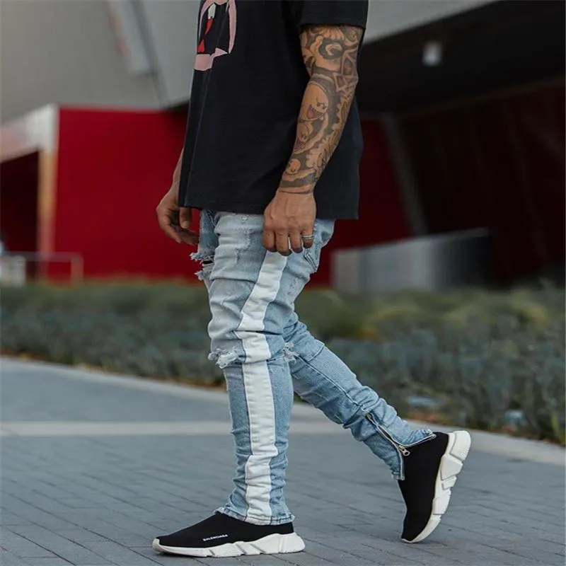 Męski dżinsowy man '' Stripe Designer INS Stretch Broken Hole Black Hip Hop Sportswear Elastyczne joggery pant321s