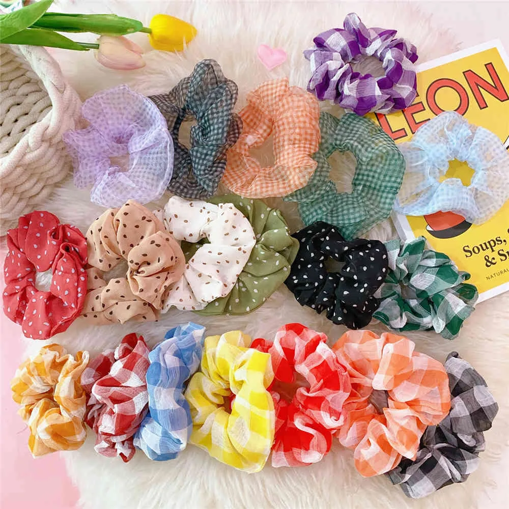 21色Ins Scrunchieシルクポニーテイルシフォンクロスバンホルダーオールマッチゴムバンドリング弾性ヘアタイロープMC044