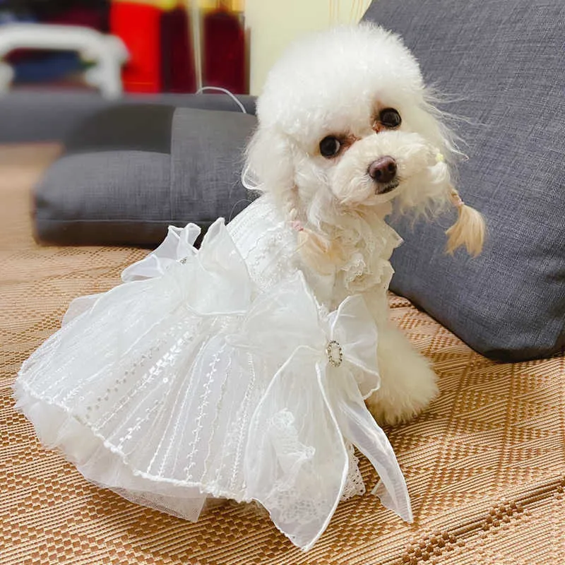 Jupe de mariage fendue à grande queue traînante pour chiot, vêtements d'été pour chien, Teddy poméranien, Bichon Schnauzer, fait à la main, 2021