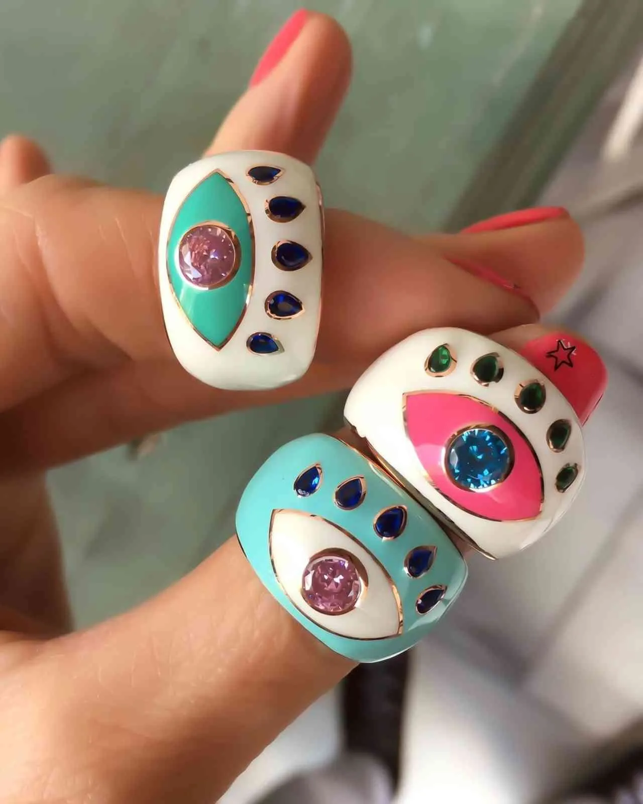 Open #7 Rose Gold Color Pink White Blue Black Colorful Enamel Lucky Turkish Evil Eye Big Women Finger Ring