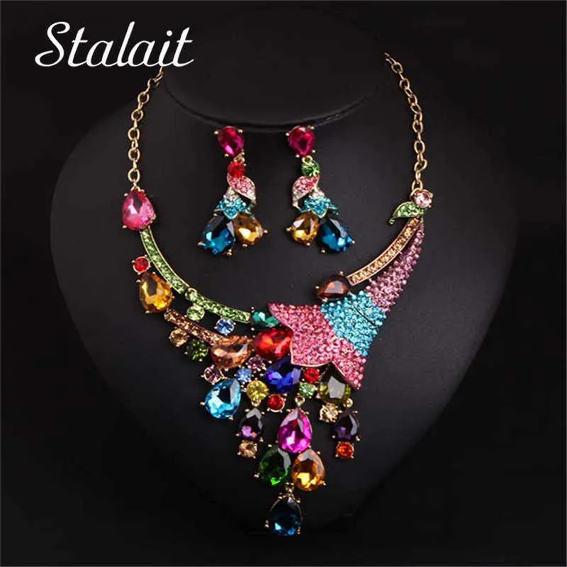 Female Jewelry Set Colorful Water Drop Crystal Leaf Gold Color Pendant Necklace Earrings Wedding Party Bridal Party Jewelry Set H1022