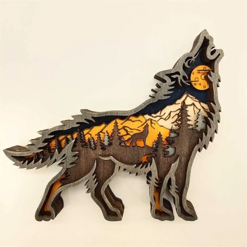 中空動物のホームオフィスの木製の工芸品創造的な北アメリカの森のオオカミトーテムエルクヒーグマの装飾品211105