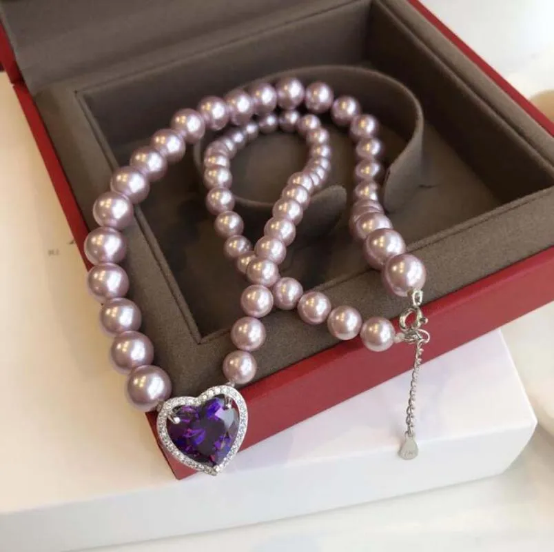 Collane con ciondolo Conchiglia di strass viola Perla Cuore d'amore Collana da donna romantica Designer Collo da regalo per San Valentino da donna elegante avanzato